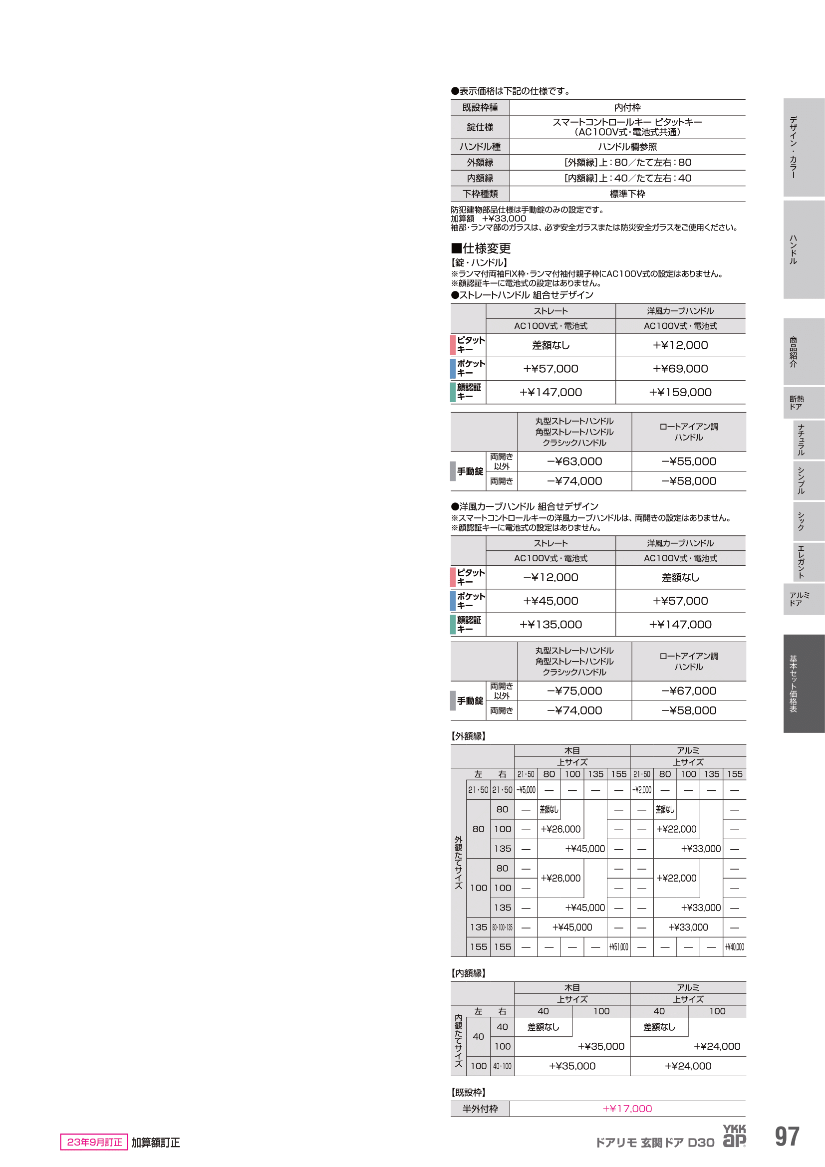 基本セット価格表 断熱ドア